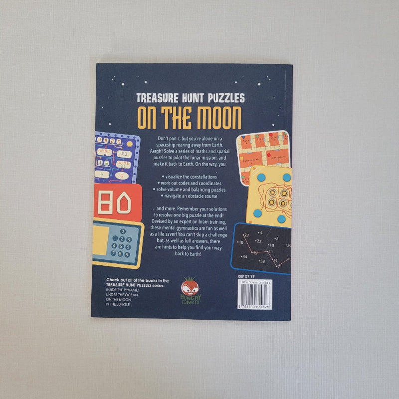 Back cover of a book titled 'Treasure Hunt Puzzles on the Moon' with colourful illustrations and text.