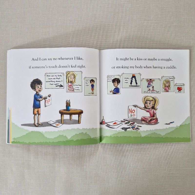 Open book with illustrations and text on a neutral background