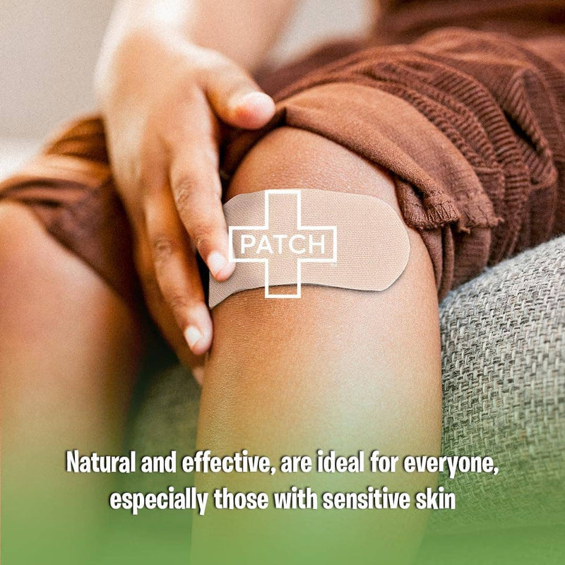 Person with a band-aid on their knee, promoting natural and effective products for sensitive skin.