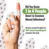 Hand wearing a bandage with panda design and text about wound adhesives and hypoallergenic materials.