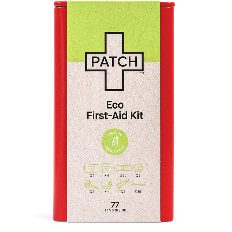Eco-first aid kit packaging with 'PATCH' branding on a white background