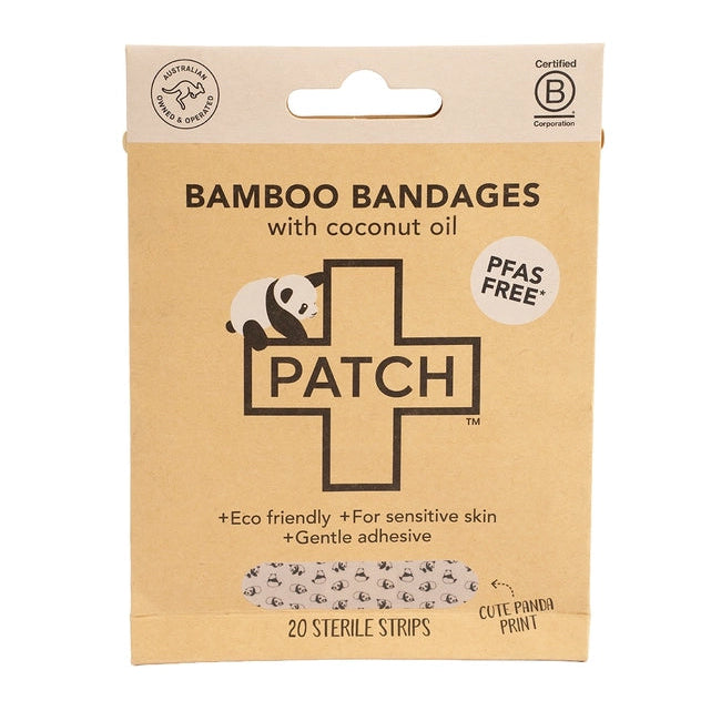 Packaging of Bamboo Bandages with Coconut Oil by Patch on a beige background