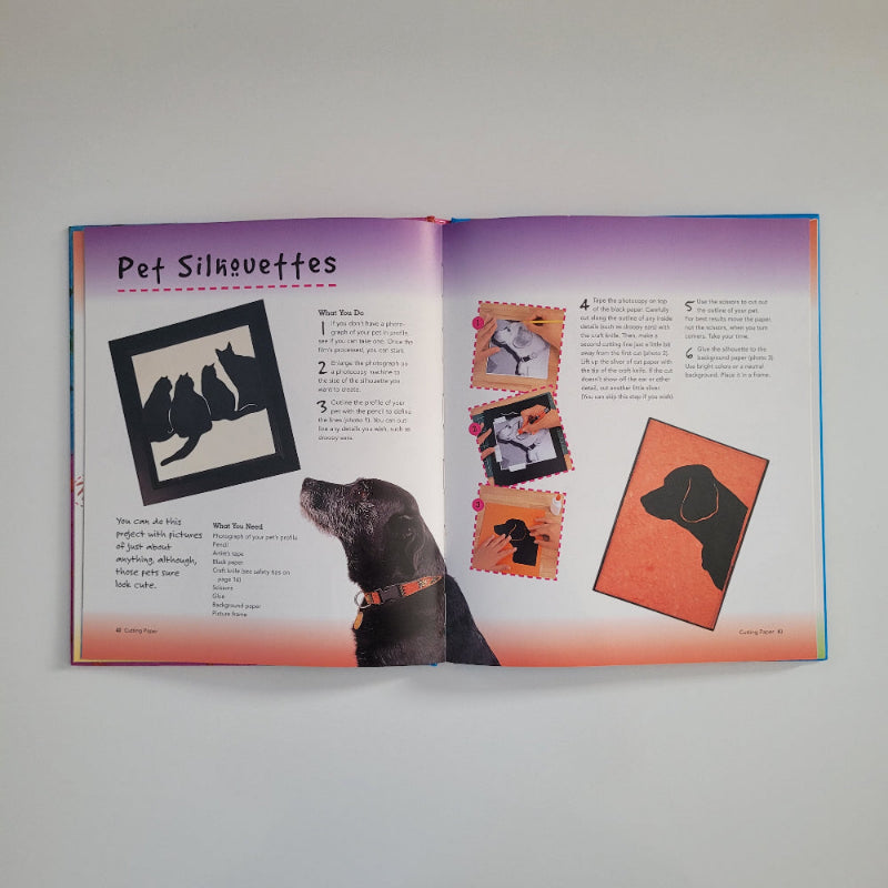 Open book with creative ideas on how to draw a Pet Silhouette with a picture of a sitting dog