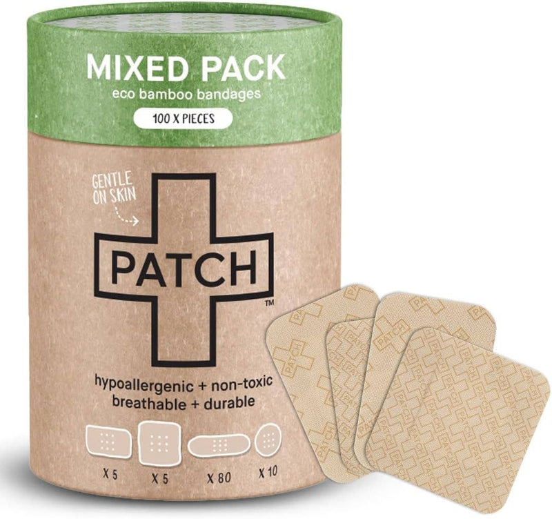 Box of eco bamboo bandages with bandages displayed in front on a white background