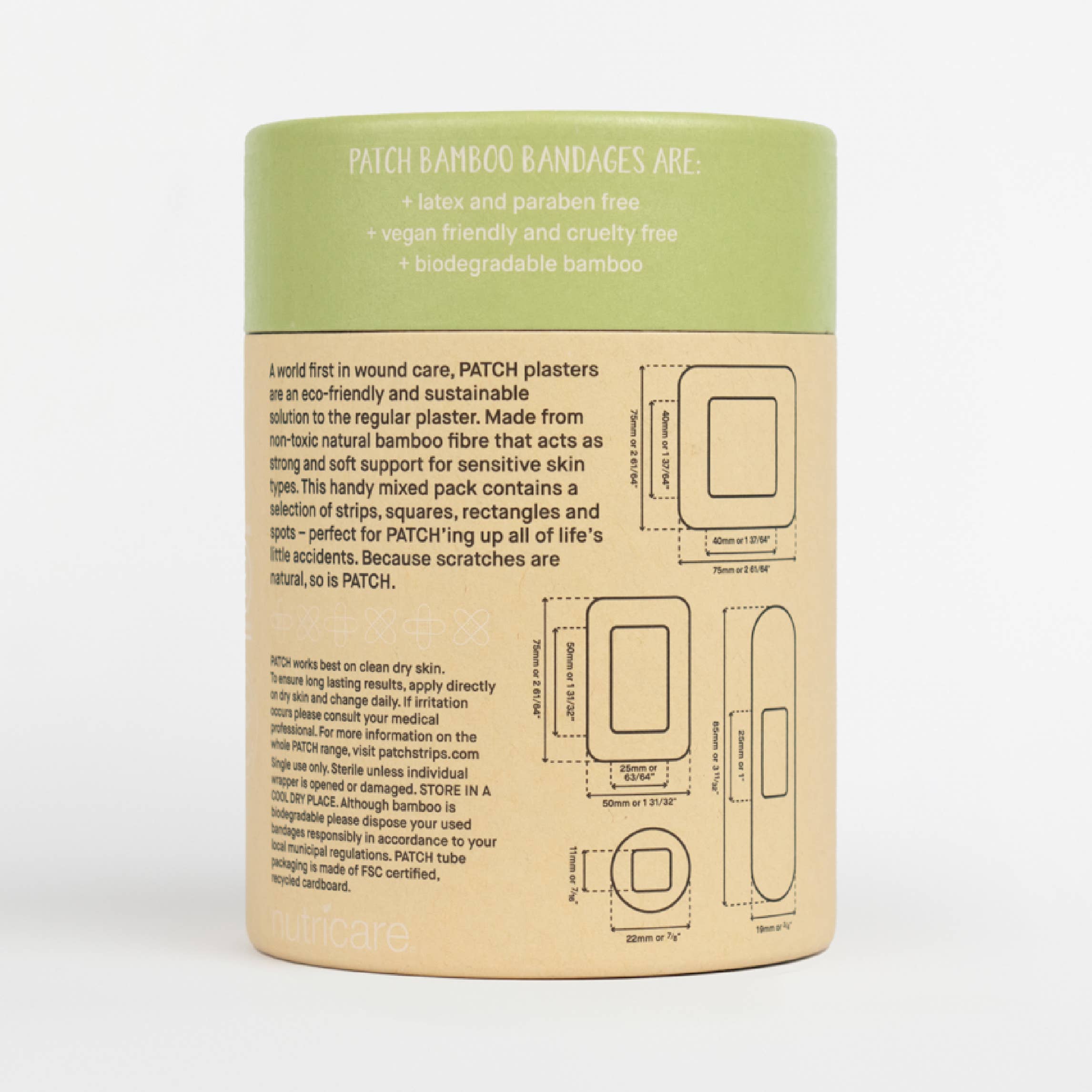 Bamboo bandage packaging with text on a white background