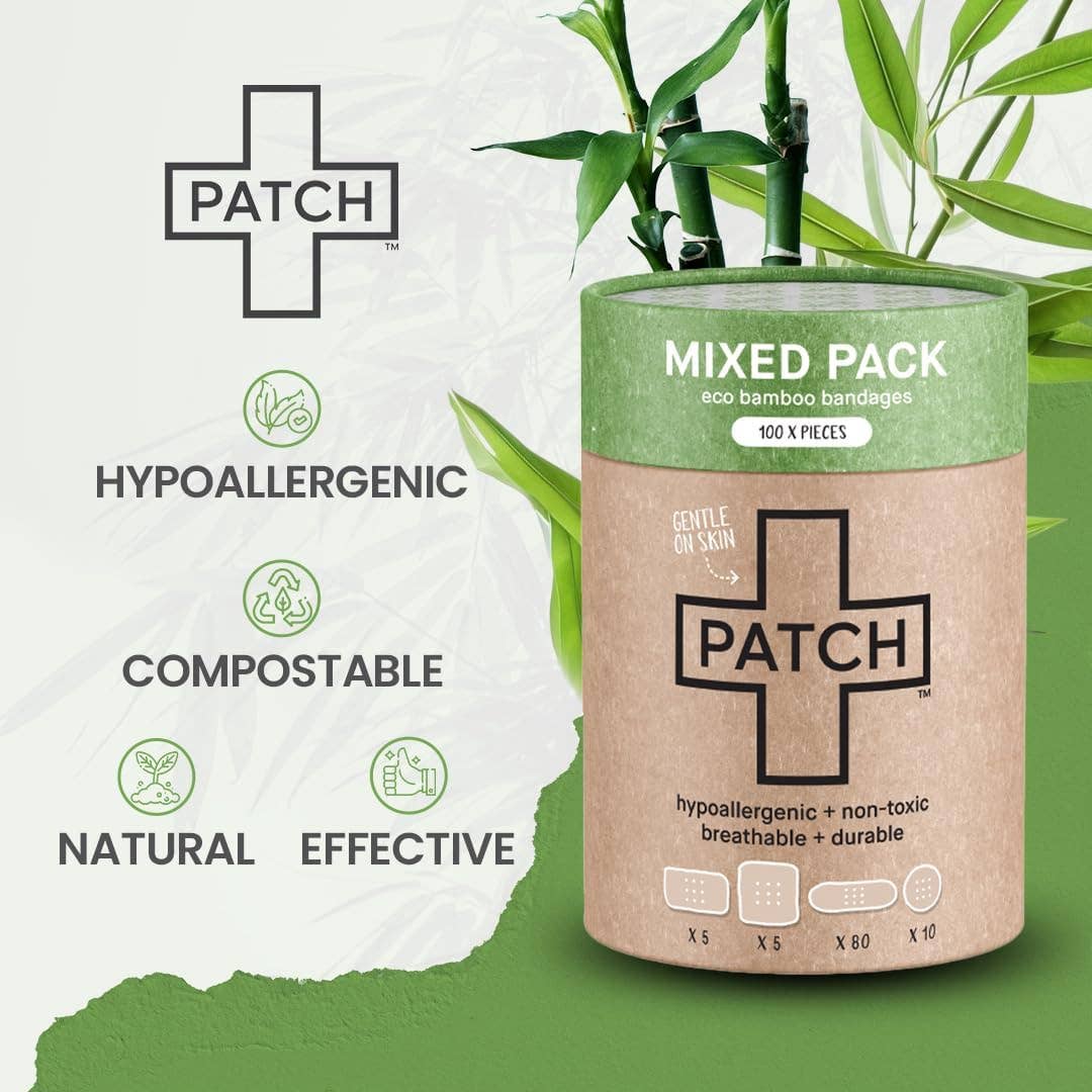 Patch brand packaging with bamboo bandages on a green and white background