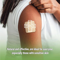 Arm with square Patch bandage and overlay text "natural and effective, ideal for everyone, especially sensitive skin"