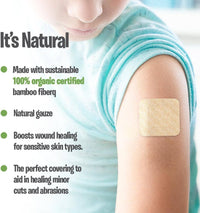 Person wearing a bandage on their arm with product features listed.
