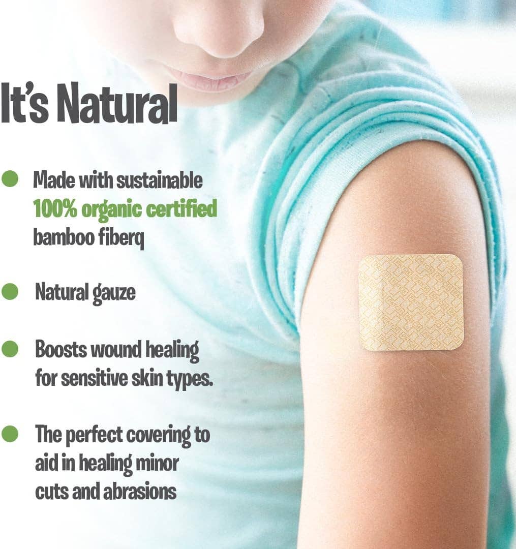 Person wearing a bandage on their arm with product features listed.