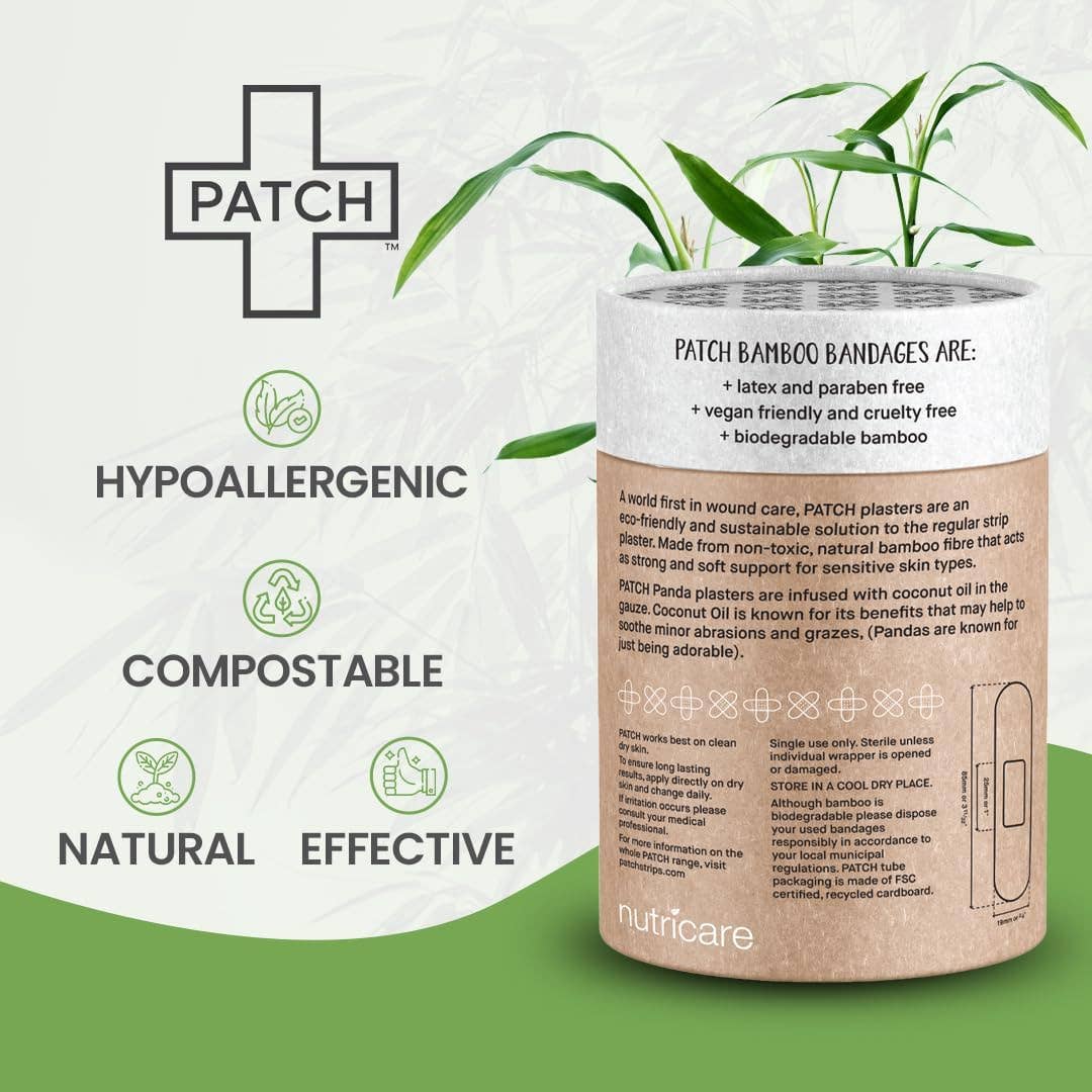 Patch bamboo bandages packaging with green leaves on a light background