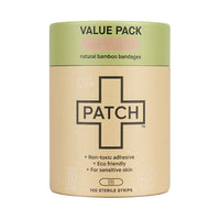 Value pack of natural bamboo bandages with 'Patch' branding on a beige and green container.