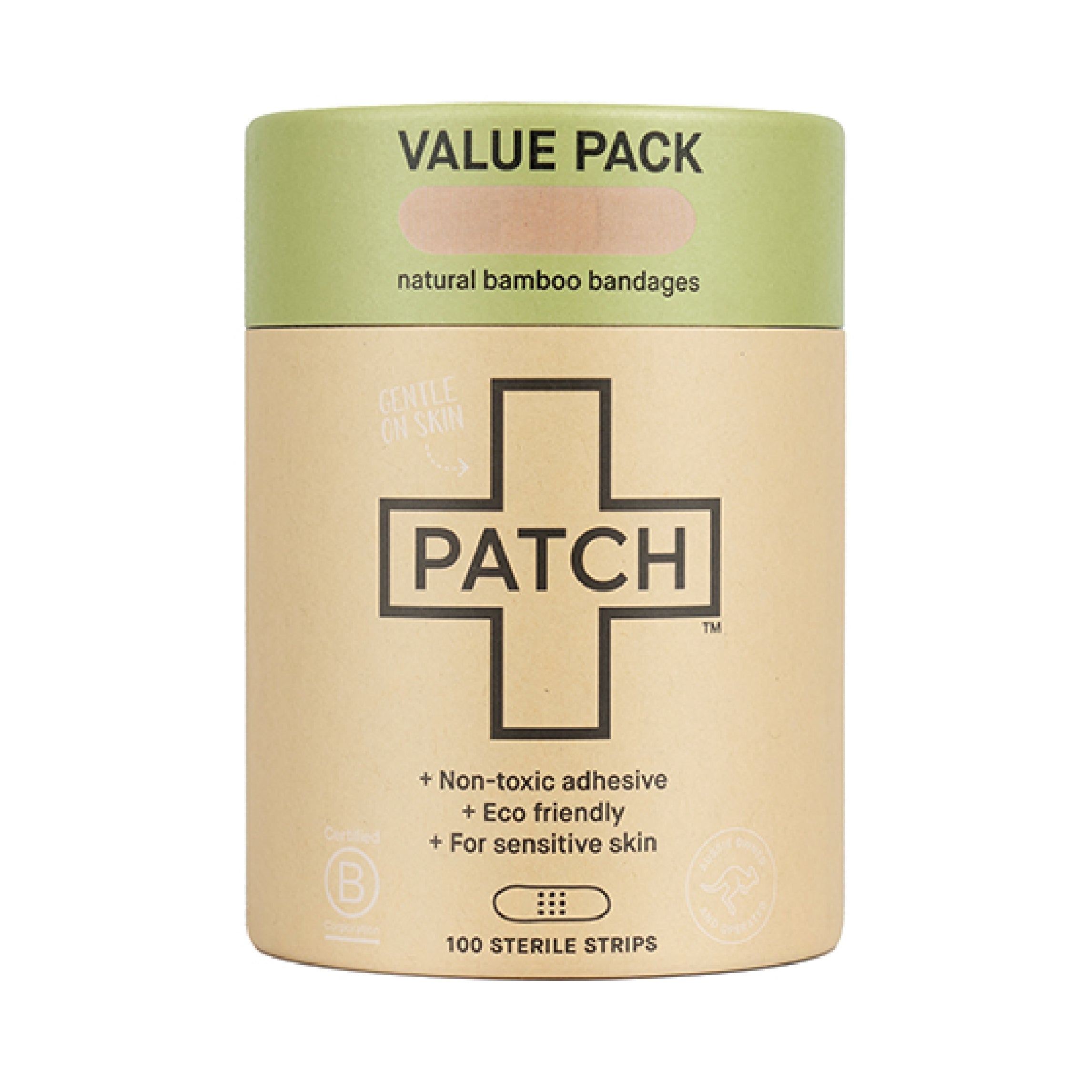 Value pack of natural bamboo bandages with 'Patch' branding on a beige and green container.