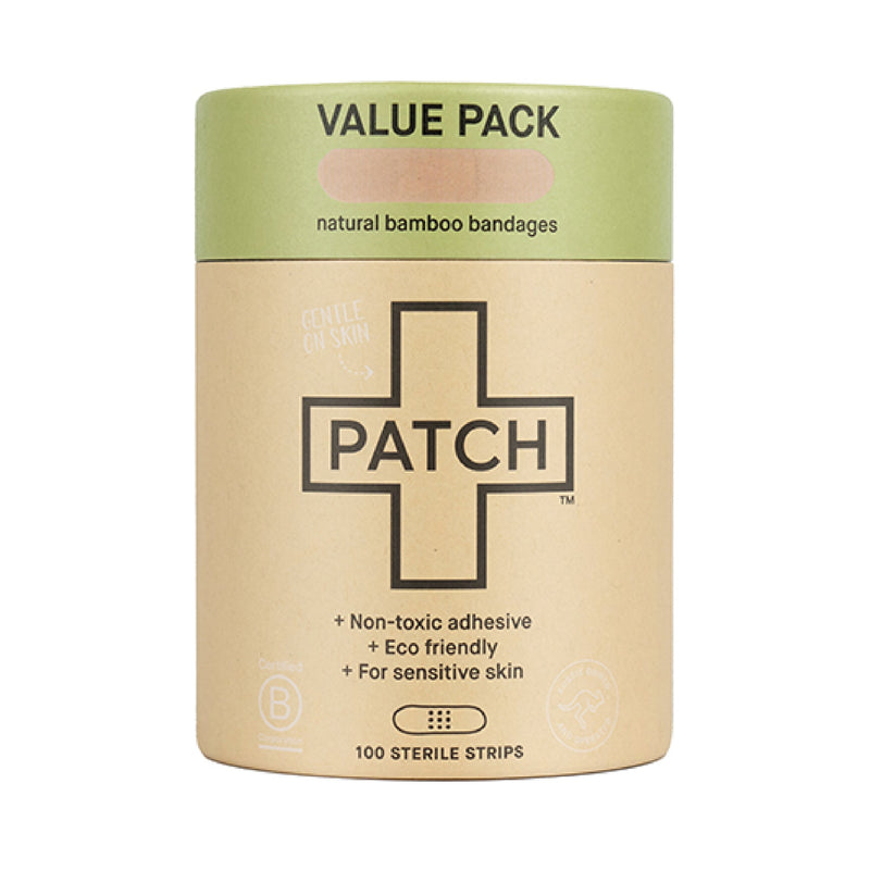 Value pack of natural bamboo bandages with 'Patch' branding on a beige and green container.