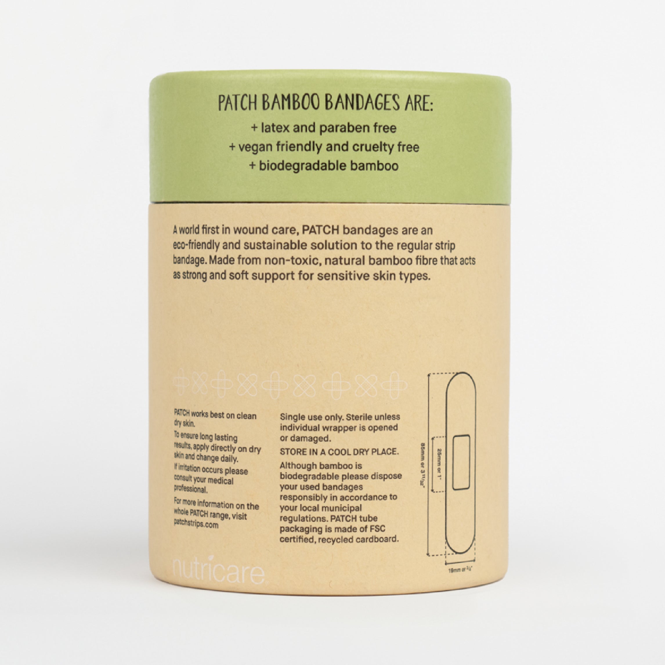 Bamboo bandage packaging with text on a white background