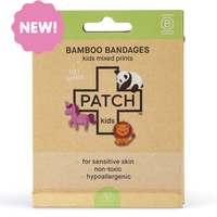 Packaging of Patch kids bamboo bandages with a panda, unicorn, and lion illustration on a beige background.
