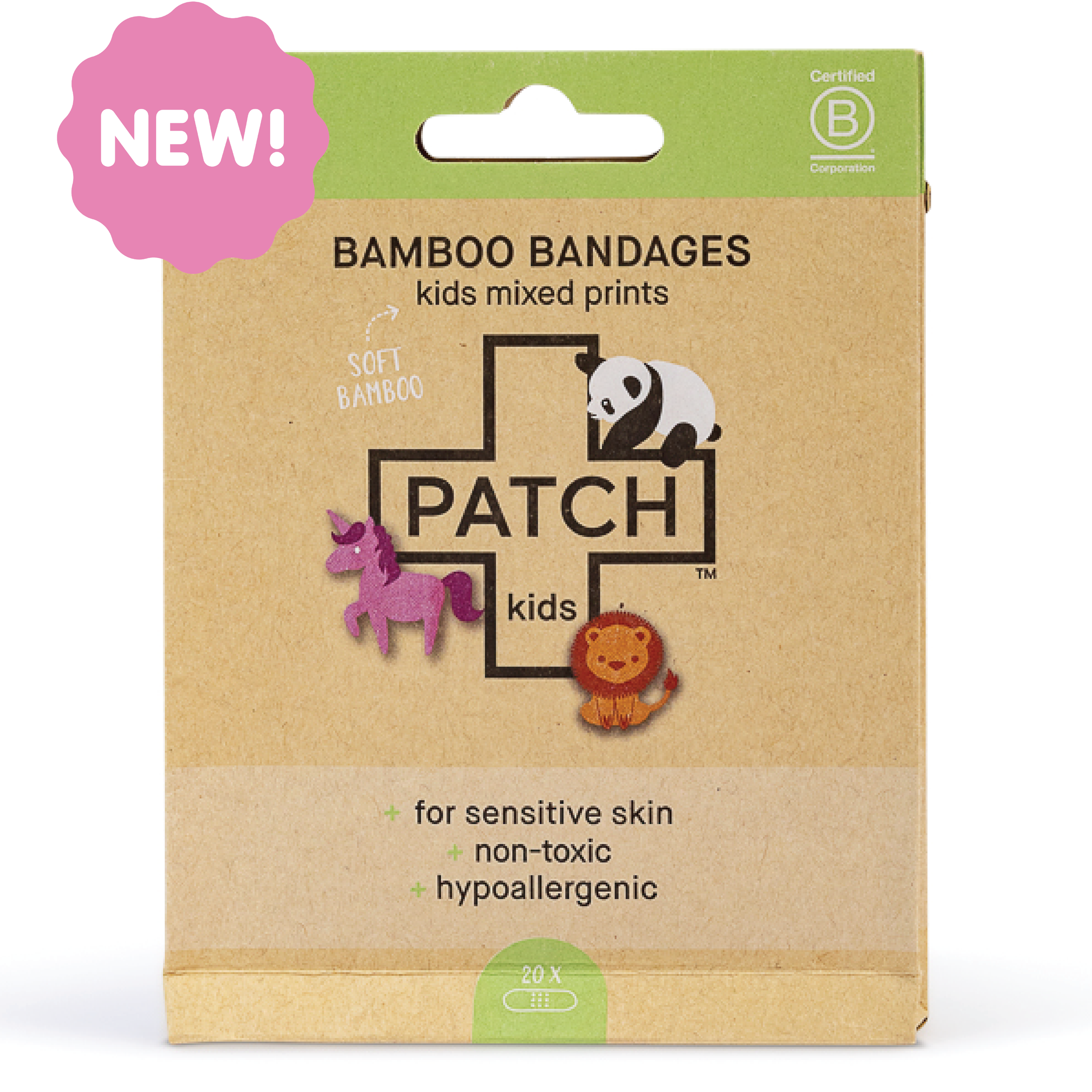 Packaging of Patch kids bamboo bandages with a panda, unicorn, and lion illustration on a beige background.