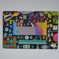 Colourful periodic table jigsaw with cartoon elements on a white background