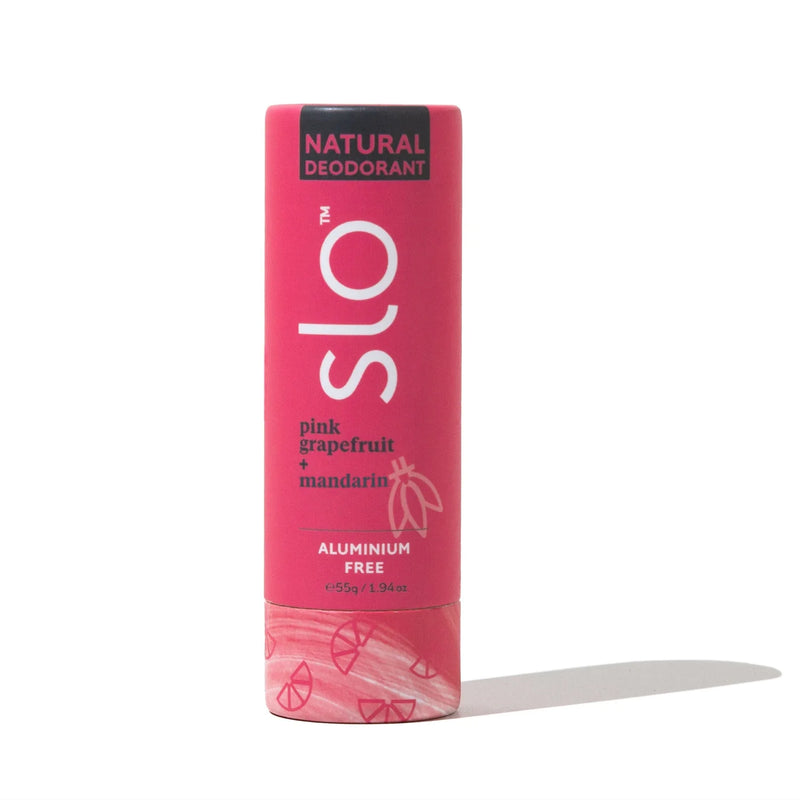 Pink deodorant stick with 'SLO' branding on a white background