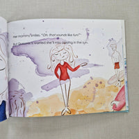 Illustrated book page with characters in a colourful beach scene on a textured surface