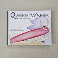Book cover of 'Queenie Wahine: Little Surfer Girl' on a textured beige background