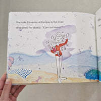 Illustrated book page with a child surfing and text on a plain background