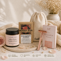 Self care bundle including tallow balm, body soap and copper safety razor with carry bag