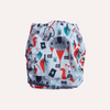 Reusable cloth nappy with colourful knight and horse pattern on a white background