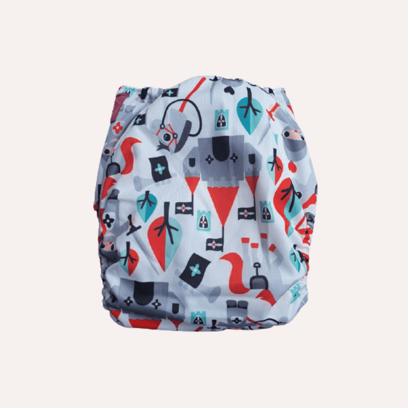 Reusable cloth nappy with colourful knight and horse pattern on a white background