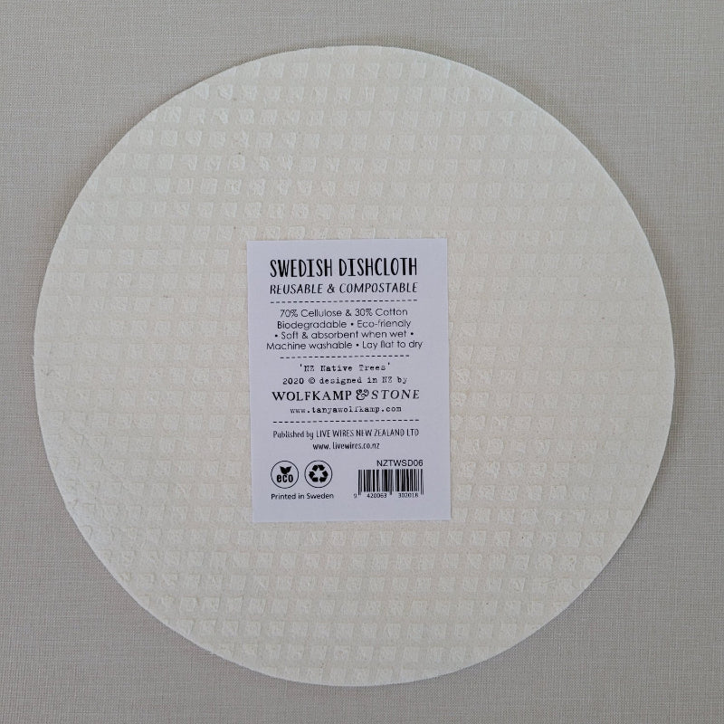 back side of Tayna Wolfkamp round white dishcloth with a label of description on a gray background