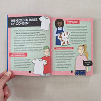Open book showing illustrations and text on consent, on a light gray background.