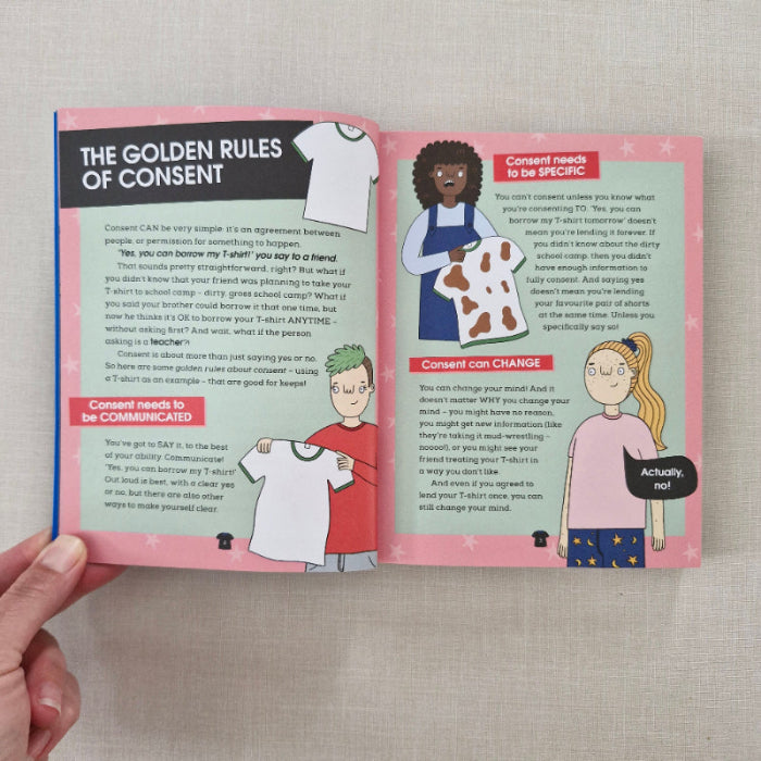 Open book showing illustrations and text on consent, on a light gray background.