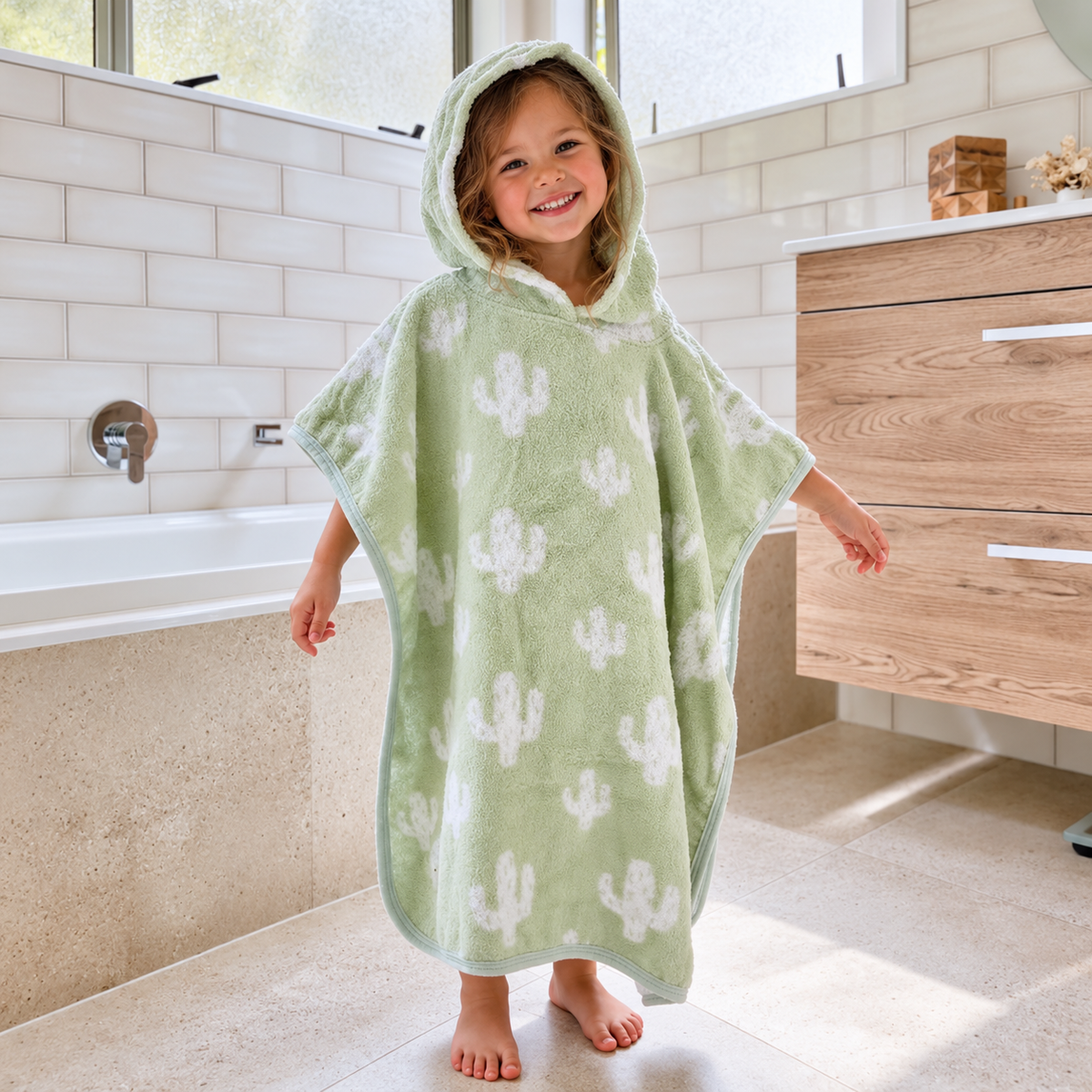 A young child wearing a light green hooded bath towel/ poncho with white cactus prints, standing in a bright bathroom.