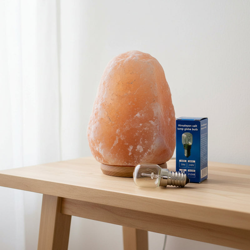 Replacement salt lamp bulb and box sitting on a table with a salt lamp