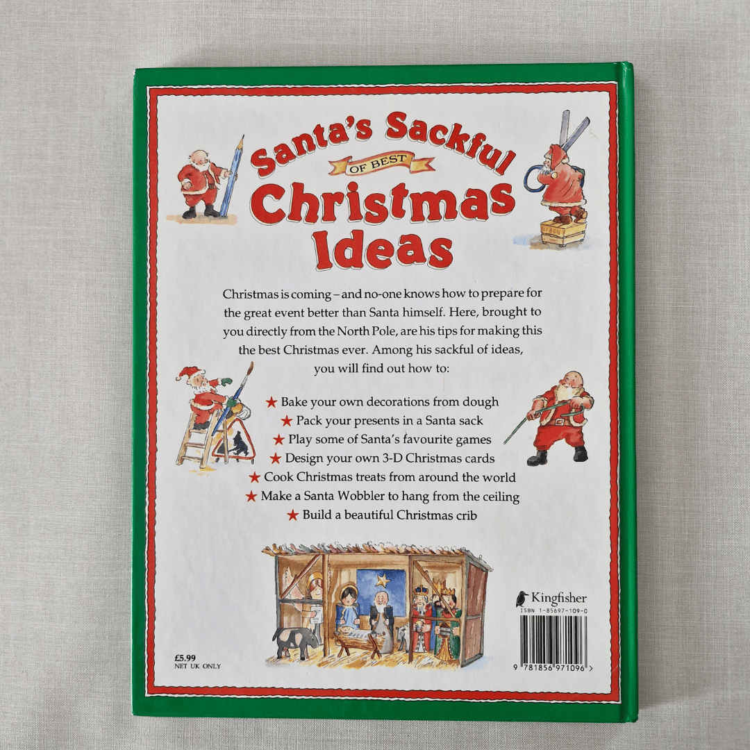 Book back titled 'Santa's Sackful of Best Christmas Ideas' on a textured grey background