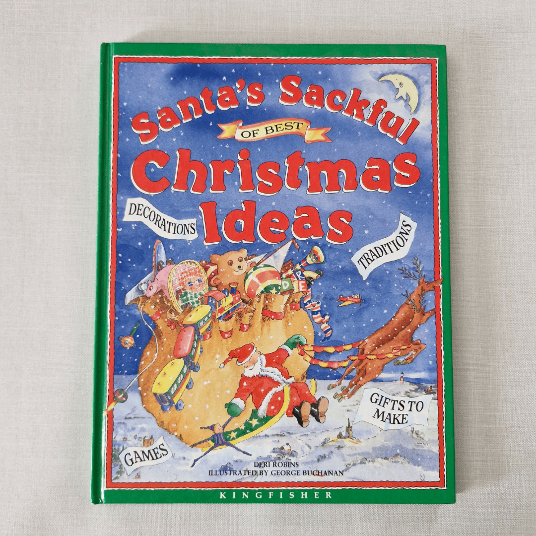 Book cover of 'Santa's Sackful of Best Christmas Ideas' with festive illustration on a light grey background