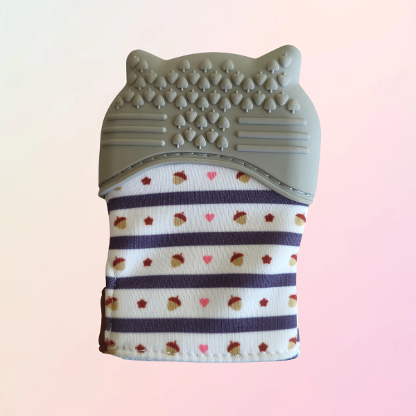 reverse of silicone brown raccoon teething mitt on a white background