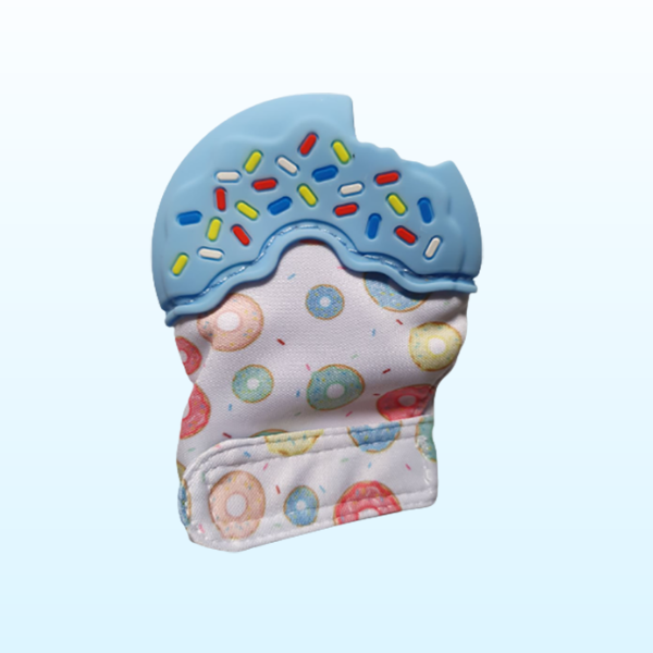Silicone blue teething mitt in the shape of a donut with sprinkles