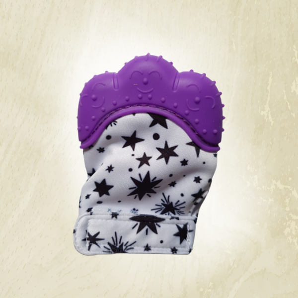 A purple teething mitt with a star and dot pattern, designed to fit on a baby's hand.