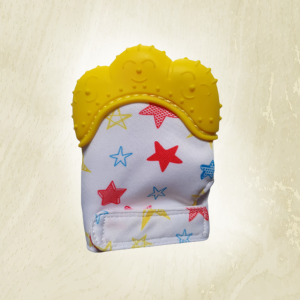 A yellow teething mitt with a star pattern designed to fit on a baby's hand.