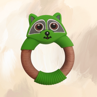 A green silicone teething ring designed to resemble a raccoon, with a wooden central ring.