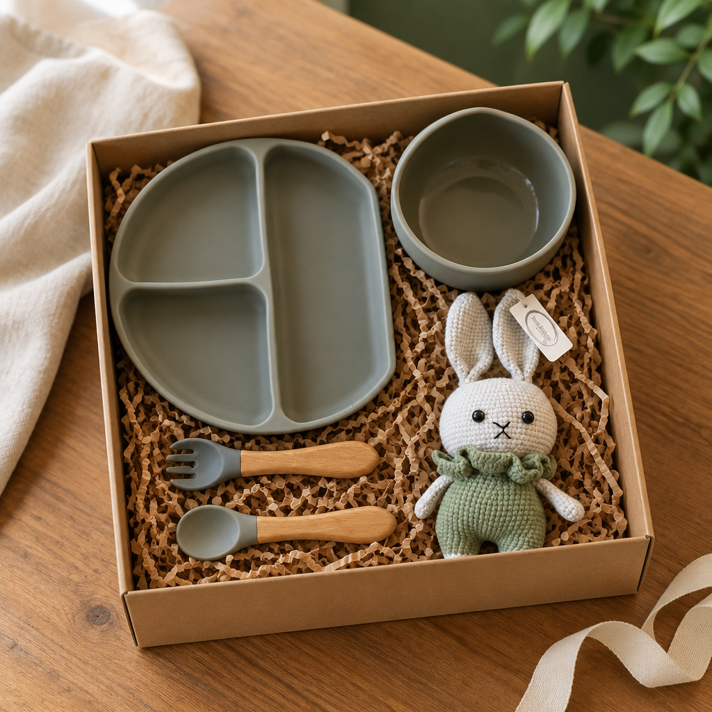 A silicone feeding set in grey, including a divided plate, bowl, spoon, fork, and a plush toy shaped like a rabbit with a green scarf.