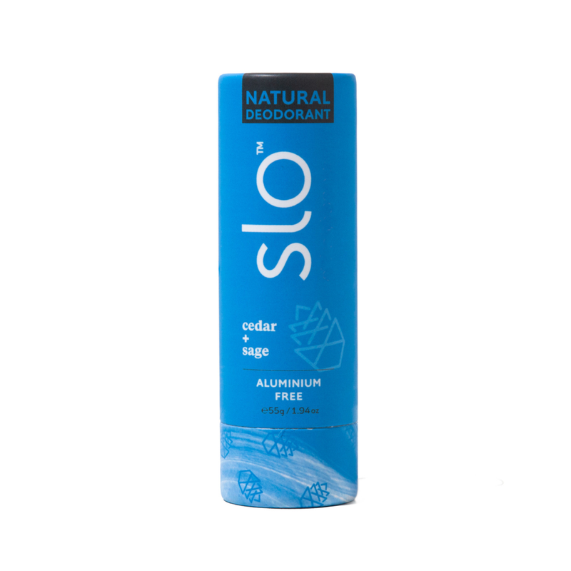 Blue deodorant container with 'slo' branding on a white background
