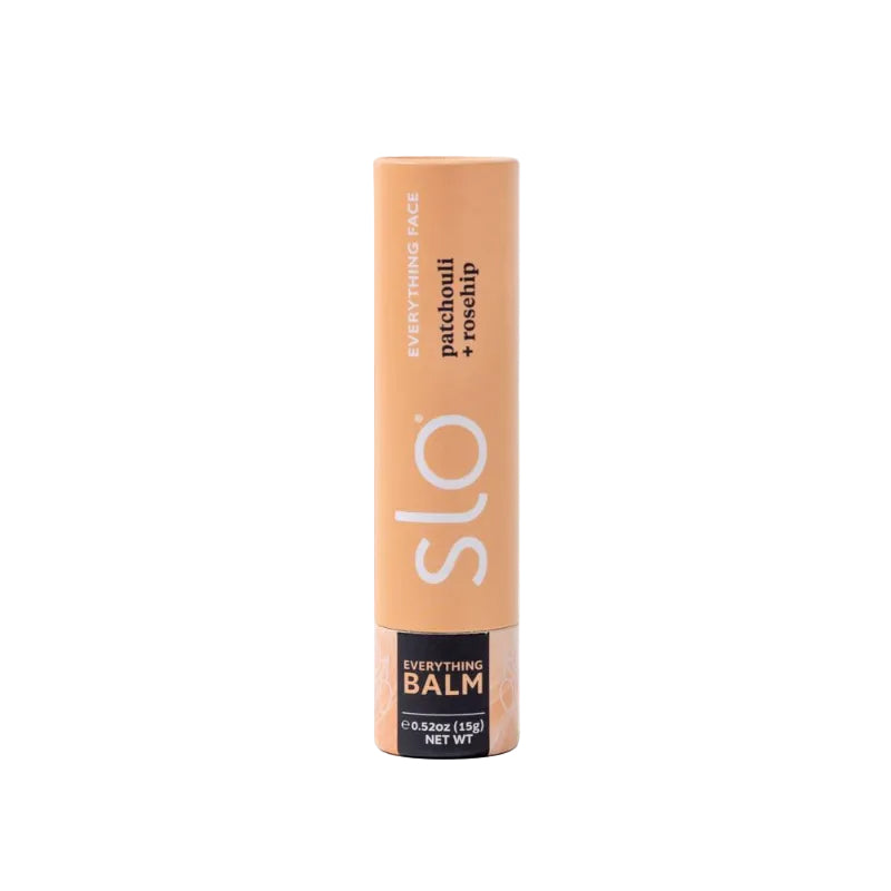 Everything Balm, Patchouli and rosehip with peach coloured SLO balm packaging on a white background