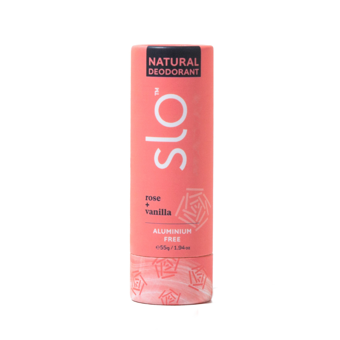 SLO natural deodorant packaging with 'Rose + Vanilla' flavour on a white background