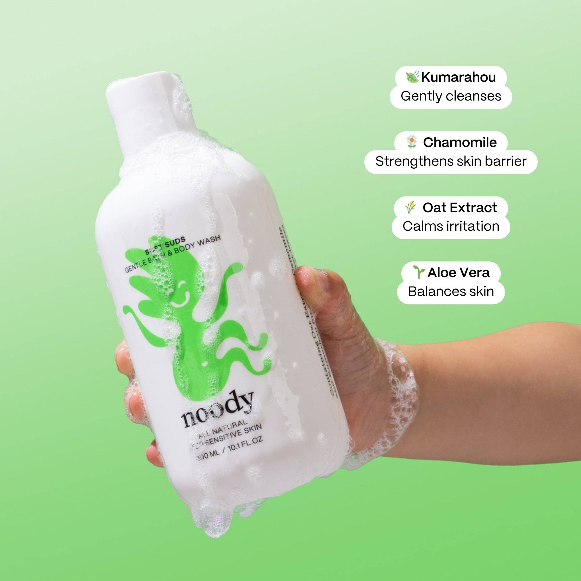 Hand holding a bottle of noody body wash with green background and product benefits listed.