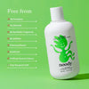 Noody bottle of gentle baby & body wash on a green background with product features listed.