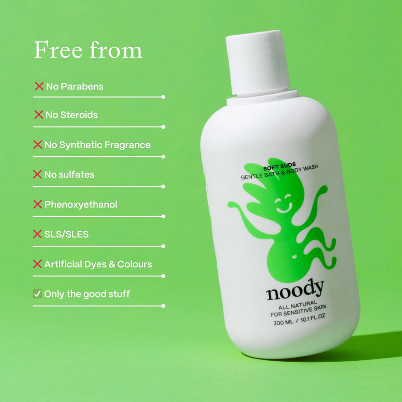 Noody bottle of gentle baby & body wash on a green background with product features listed.