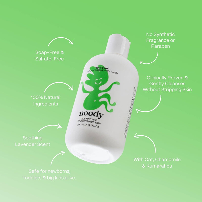 noody baby wash bottle with green label on a green background