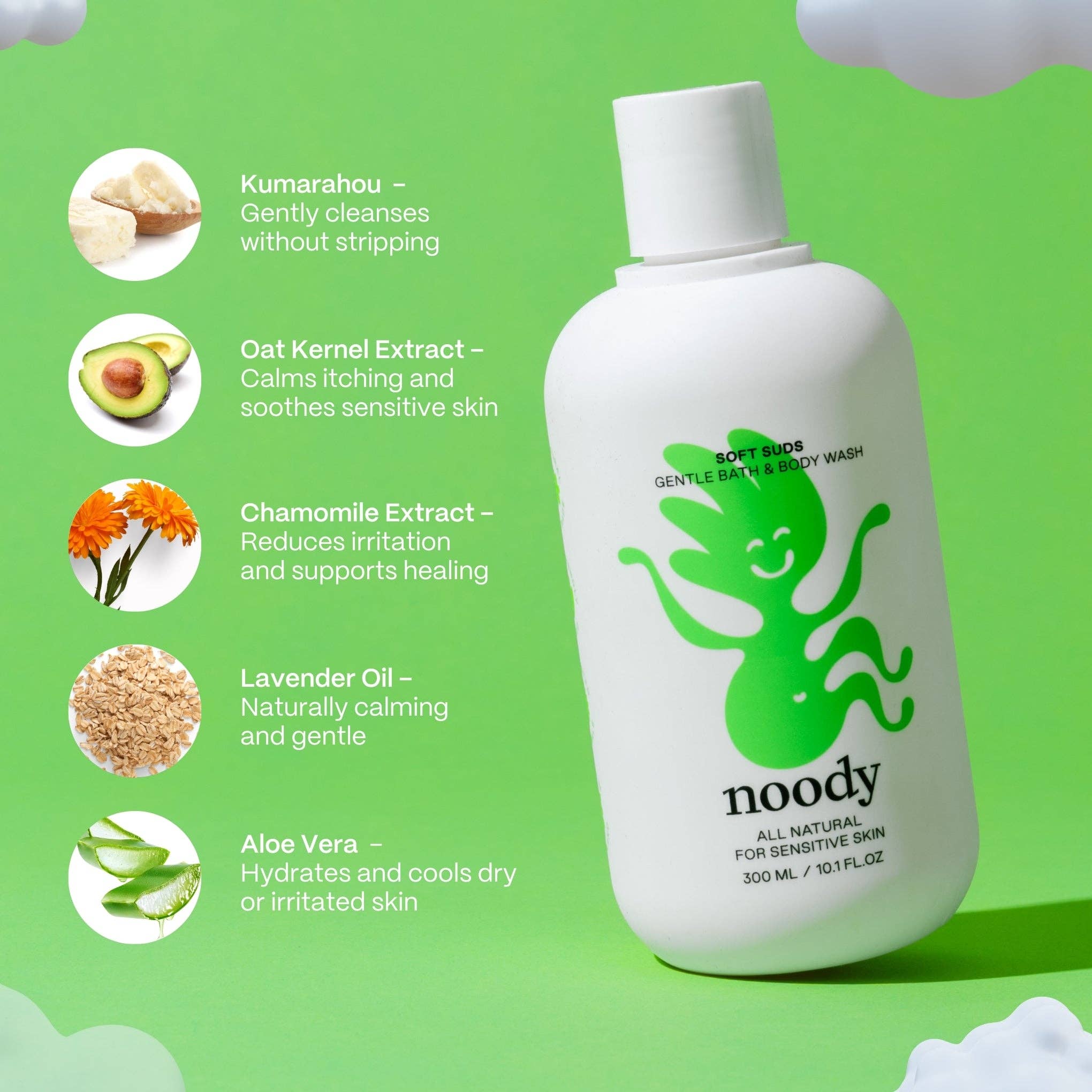 Noody baby and body wash bottle with ingredients listed on a green background