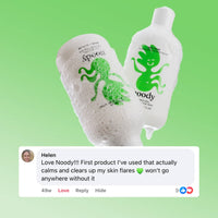 Two Noody Soft Sud products with a green background and a customer review below.